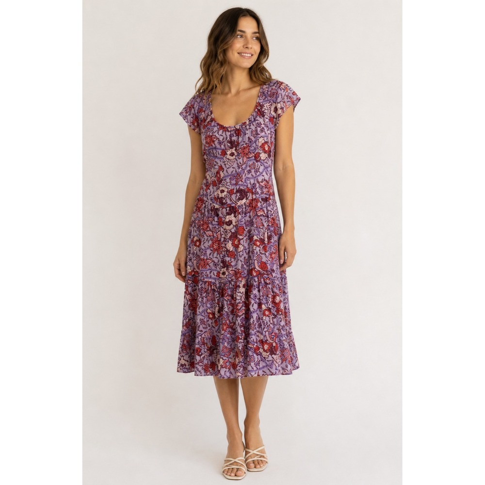 Knox Rose Maxi Dress Womens‎ Medium Purple Floral Print Rayon Cap Sleeve Pockets